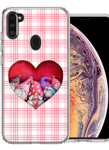 Samsung Galaxy A11 Valentine's Day Garden Gnomes Heart Love Pink Plaid Double Layer Phone Case Cover