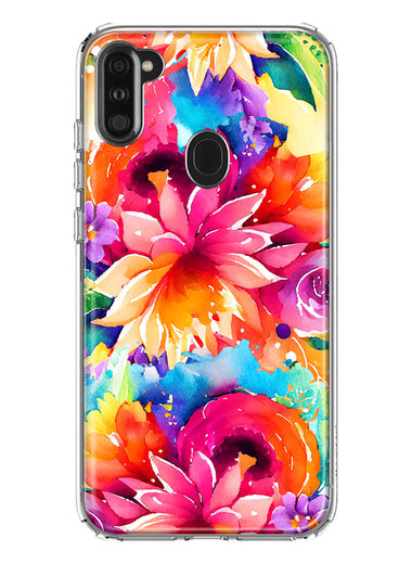Samsung Galaxy A11 Watercolor Paint Summer Rainbow Flowers Bouquet Bloom Floral Hybrid Protective Phone Case Cover