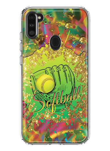 Samsung Galaxy A11 Love Softball Girls Glove Green Tie Dye Swirl Paint Hybrid Protective Phone Case Cover