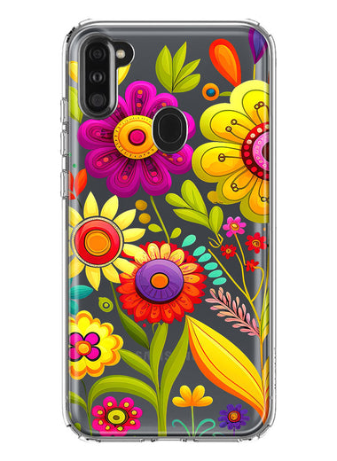 Samsung Galaxy A11 Colorful Yellow Pink Folk Style Floral Vibrant Spring Flowers Hybrid Protective Phone Case Cover