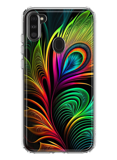 Samsung Galaxy A11 Neon Rainbow Glow Peacock Feather Hybrid Protective Phone Case Cover