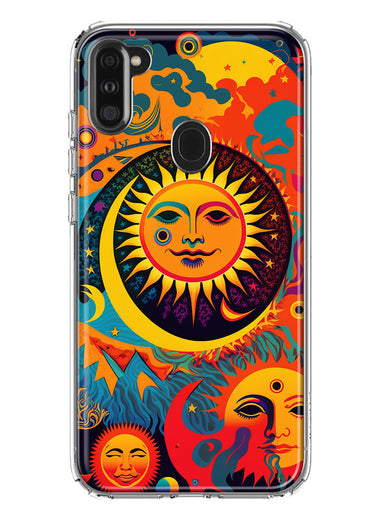 Samsung Galaxy A11 Neon Rainbow Psychedelic Indie Hippie Sun Moon Hybrid Protective Phone Case Cover