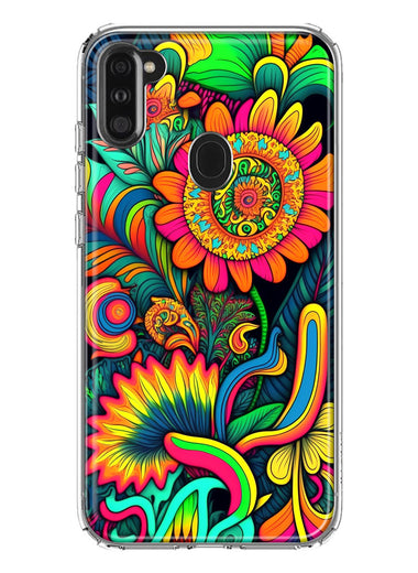 Samsung Galaxy A11 Neon Rainbow Psychedelic Indie Hippie Sunflowers Hybrid Protective Phone Case Cover