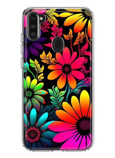 Samsung Galaxy A11 Neon Rainbow Glow Colorful Abstract Flowers Floral Hybrid Protective Phone Case Cover