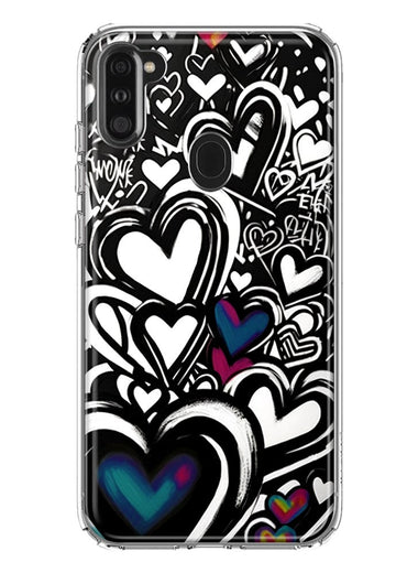 Samsung Galaxy A11 Black White Hearts Love Graffiti Hybrid Protective Phone Case Cover