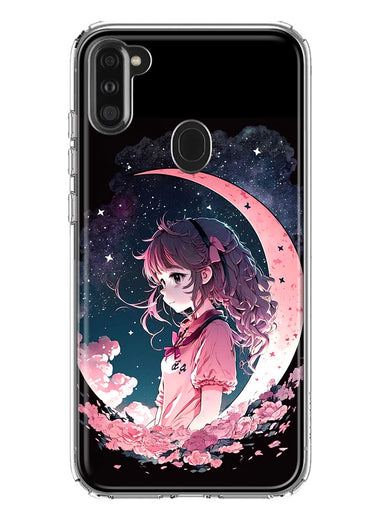 Samsung Galaxy A11 Kawaii Manga Pink Cherry Blossom Dreaming Moon Girl Hybrid Protective Phone Case Cover