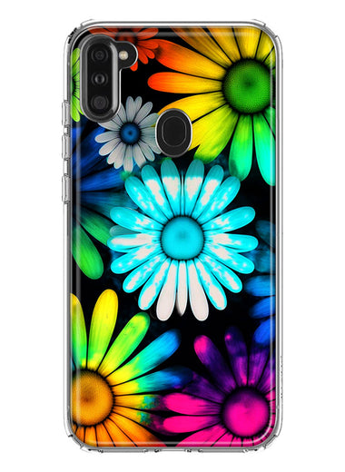 Samsung Galaxy A11 Neon Rainbow Daisy Glow Colorful Daisies Baby Blue Pink Yellow White Double Layer Phone Case Cover