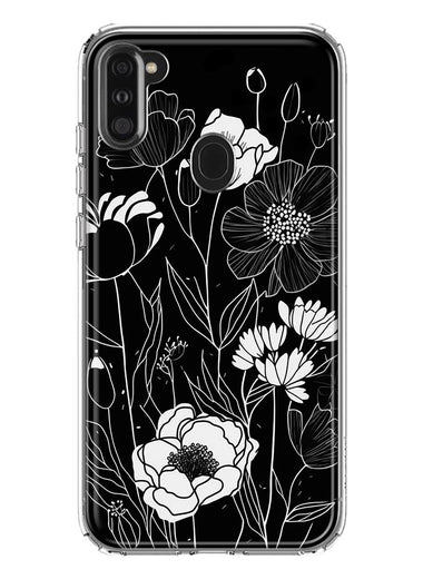 Samsung Galaxy A11 Line Drawing Art White Floral Flowers Hybrid Protective Phone Case Cover