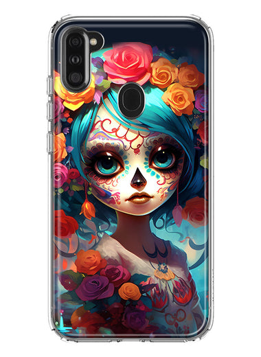 Samsung Galaxy A11 Halloween Spooky Colorful Day of the Dead Skull Girl Hybrid Protective Phone Case Cover