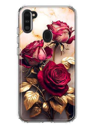 Samsung Galaxy A11 Romantic Elegant Gold Marble Red Roses Double Layer Phone Case Cover