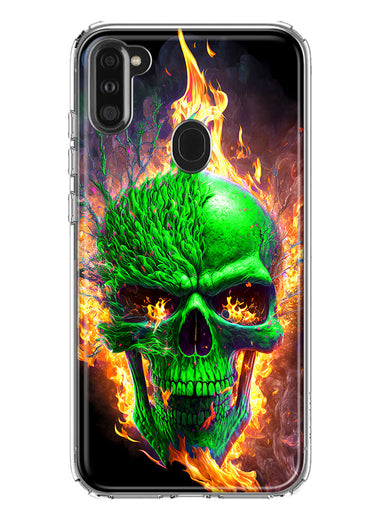 Samsung Galaxy A11 Green Flaming Skull Burning Fire Double Layer Phone Case Cover