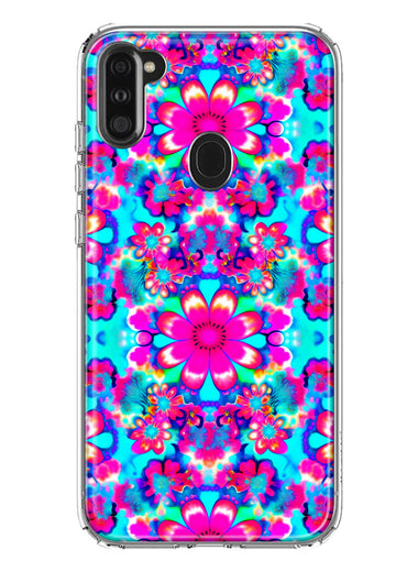 Samsung Galaxy A11 Pink Blue Vintage Hippie Tie Dye Flowers Hybrid Protective Phone Case Cover