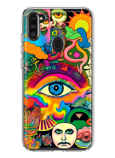 Samsung Galaxy A11 Neon Rainbow Psychedelic Trippy Hippie Multiple Eyes Hybrid Protective Phone Case Cover