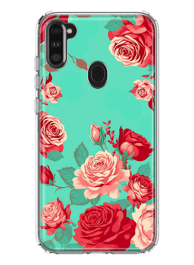 Samsung Galaxy A11 Turquoise Teal Vintage Pastel Pink Red Roses Double Layer Phone Case Cover