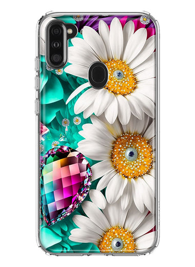 Samsung Galaxy A11 Colorful Crystal White Daisies Rainbow Gems Teal Double Layer Phone Case Cover