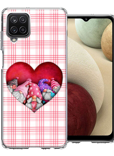 Samsung Galaxy A12 Valentine's Day Garden Gnomes Heart Love Pink Plaid Double Layer Phone Case Cover