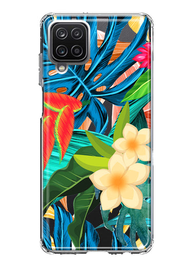 Samsung Galaxy A12 Blue Monstera Pothos Tropical Floral Summer Flowers Hybrid Protective Phone Case Cover