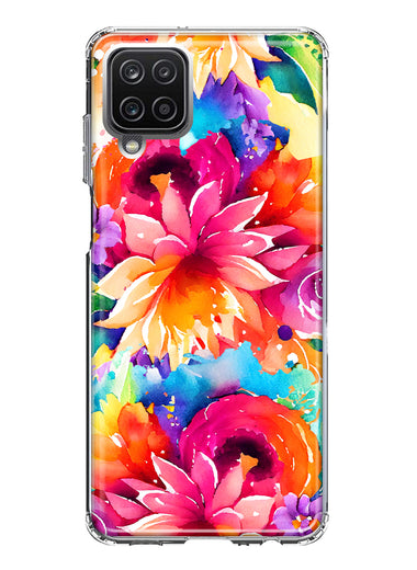 Samsung Galaxy A12 Watercolor Paint Summer Rainbow Flowers Bouquet Bloom Floral Hybrid Protective Phone Case Cover