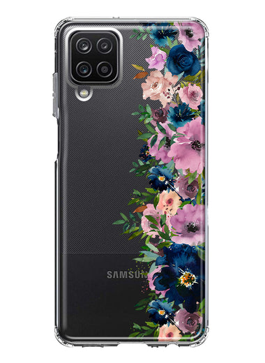 Samsung Galaxy A12 Navy Blue Summer Watercolor Floral Classic Purple Flowers Hybrid Protective Phone Case Cover