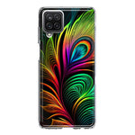 Samsung Galaxy A12 Neon Rainbow Glow Peacock Feather Hybrid Protective Phone Case Cover