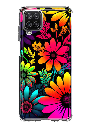 Samsung Galaxy A12 Neon Rainbow Glow Colorful Abstract Flowers Floral Hybrid Protective Phone Case Cover