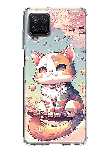 Samsung Galaxy A12 Kawaii Manga Pink Cherry Blossom Cute Cat Hybrid Protective Phone Case Cover