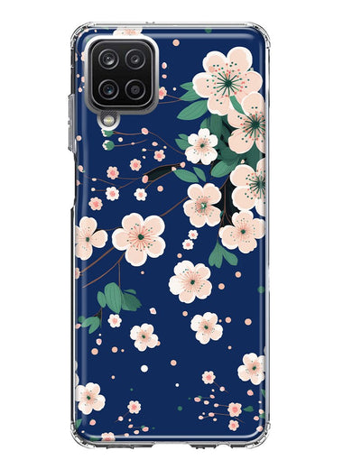 Samsung Galaxy A12 Kawaii Japanese Pink Cherry Blossom Navy Blue Hybrid Protective Phone Case Cover