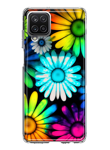 Samsung Galaxy A12 Neon Rainbow Daisy Glow Colorful Daisies Baby Blue Pink Yellow White Double Layer Phone Case Cover