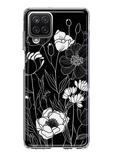 Samsung Galaxy A12 Line Drawing Art White Floral Flowers Hybrid Protective Phone Case Cover