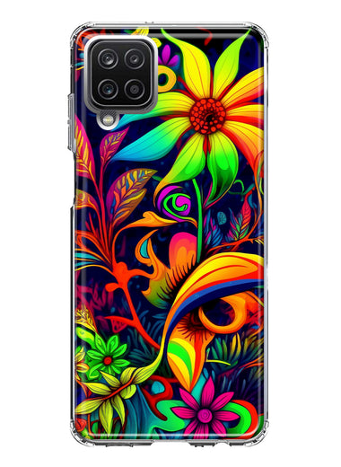 Samsung Galaxy A12 Neon Rainbow Psychedelic Trippy Hippie Daisy Flowers Hybrid Protective Phone Case Cover