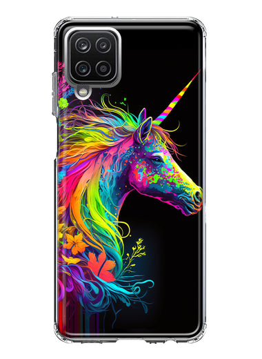 Samsung Galaxy A12 Neon Rainbow Glow Unicorn Floral Hybrid Protective Phone Case Cover