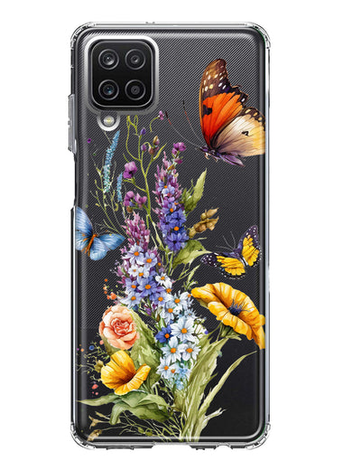 Samsung Galaxy A12 Yellow Purple Spring Flowers Butterflies Floral Hybrid Protective Phone Case Cover