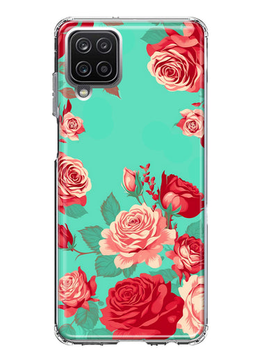 Samsung Galaxy A22 5G Turquoise Teal Vintage Pastel Pink Red Roses Double Layer Phone Case Cover