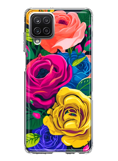 Samsung Galaxy A22 5G Vintage Pastel Abstract Colorful Pink Yellow Blue Roses Double Layer Phone Case Cover