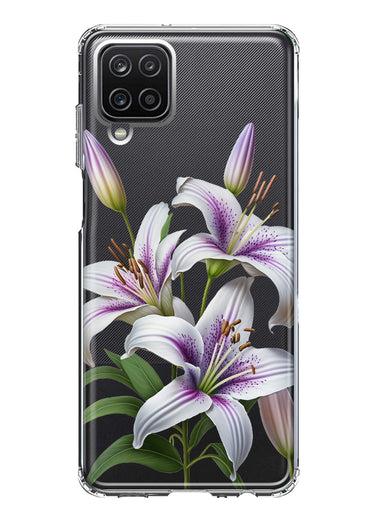 Samsung Galaxy A12 White Lavender Lily Purple Flowers Floral Hybrid Protective Phone Case Cover