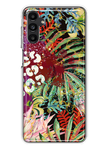Samsung Galaxy A14 Leopard Tropical Flowers Vacation Dreams Hibiscus Floral Hybrid Protective Phone Case Cover
