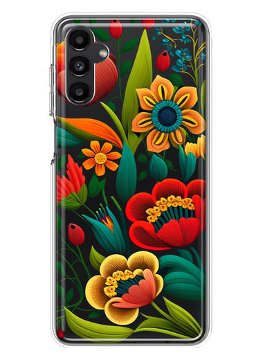 Samsung Galaxy A14 Colorful Red Orange Folk Style Floral Vibrant Spring Flowers Hybrid Protective Phone Case Cover