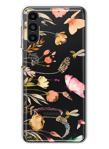 Samsung Galaxy A13 Peach Meadow Wildflowers Butterflies Bees Watercolor Floral Hybrid Protective Phone Case Cover
