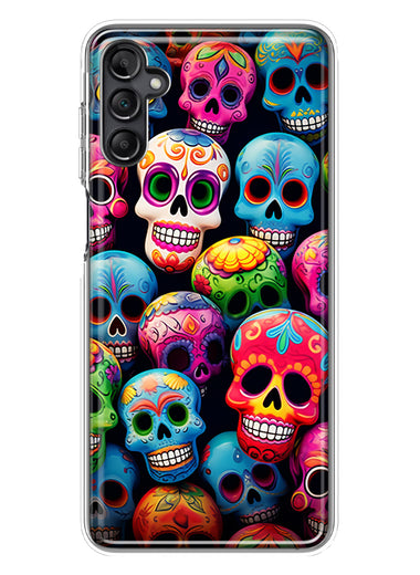 Samsung Galaxy A13 Halloween Spooky Colorful Day of the Dead Skulls Hybrid Protective Phone Case Cover