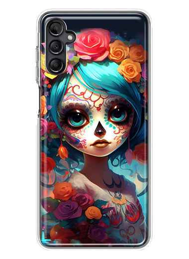 Samsung Galaxy A13 Halloween Spooky Colorful Day of the Dead Skull Girl Hybrid Protective Phone Case Cover