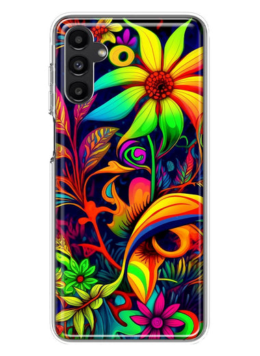 Samsung Galaxy A13 Neon Rainbow Psychedelic Trippy Hippie Daisy Flowers Hybrid Protective Phone Case Cover