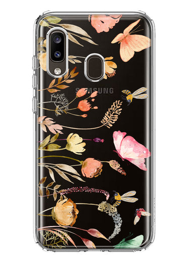 Samsung Galaxy A20 Peach Meadow Wildflowers Butterflies Bees Watercolor Floral Hybrid Protective Phone Case Cover