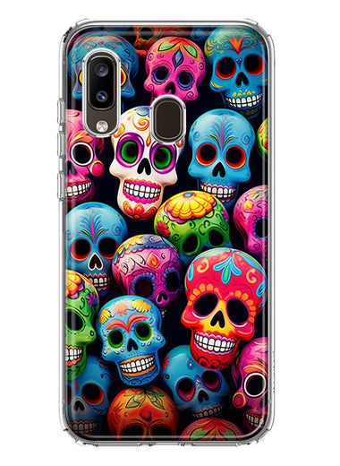 Samsung Galaxy A20 Halloween Spooky Colorful Day of the Dead Skulls Hybrid Protective Phone Case Cover