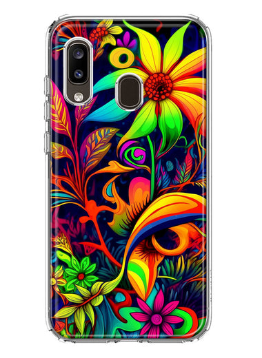Samsung Galaxy A20 Neon Rainbow Psychedelic Trippy Hippie Daisy Flowers Hybrid Protective Phone Case Cover