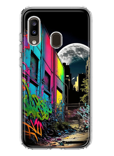 Samsung Galaxy A20 Urban City Full Moon Graffiti Painting Art Hybrid Protective Phone Case Cover