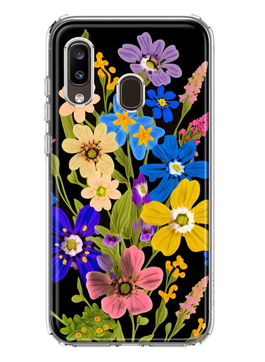 Samsung Galaxy A20 Blue Yellow Vintage Spring Wild Flowers Floral Hybrid Protective Phone Case Cover