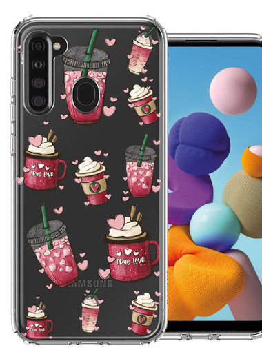 Samsung Galaxy A21 Coffee Lover Valentine's Hearts Pink Drink Latte Double Layer Phone Case Cover