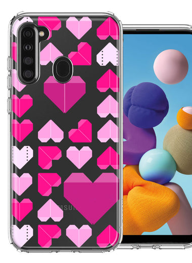 Samsung Galaxy A21 Pink Purple Origami Valentine's Day Polkadot Hearts Design Double Layer Phone Case Cover