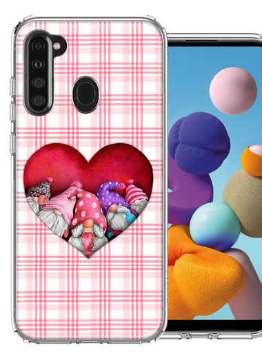 Samsung Galaxy A21 Valentine's Day Garden Gnomes Heart Love Pink Plaid Double Layer Phone Case Cover