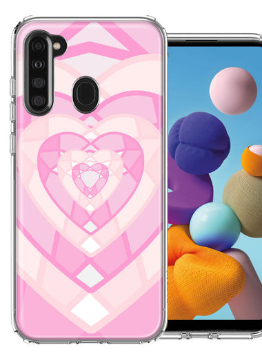 Samsung Galaxy A21 Pink Gem Hearts Design Double Layer Phone Case Cover